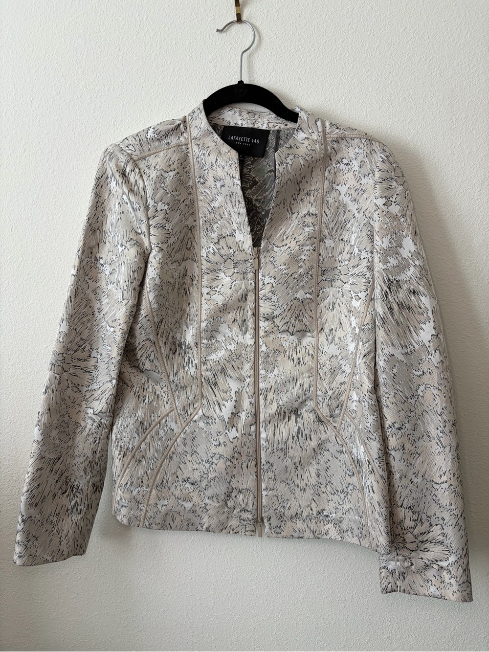 Lafayette 148 New York Jacquard Zip Front Blazer Jacket Gray White Sz 6